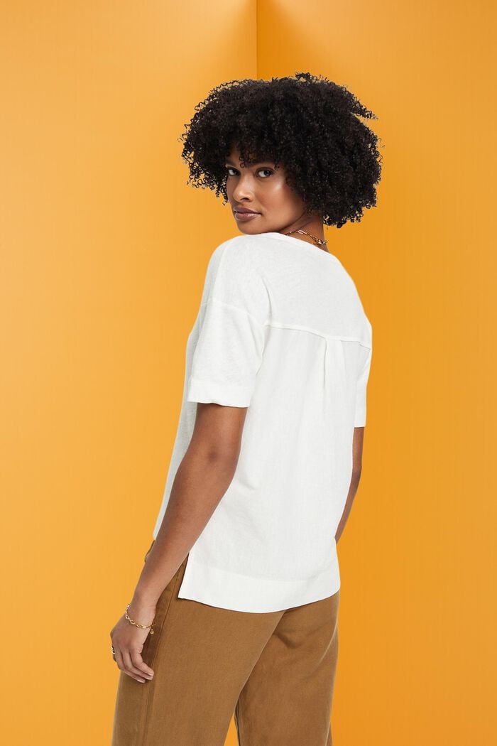 Camiseta de mezcla de lino con cuello en pico, OFF WHITE, detail image number 3