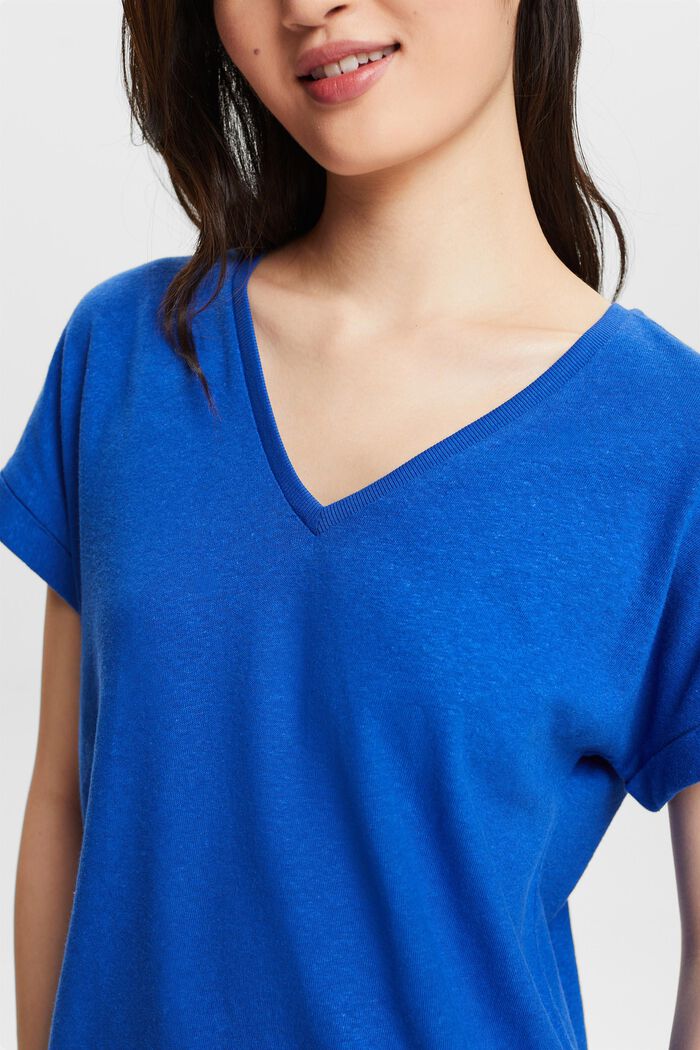 Camiseta de algodón y lino con el cuello pico, BRIGHT BLUE, detail image number 3