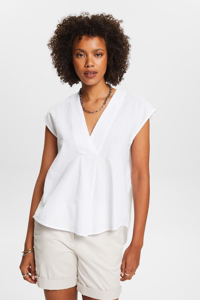 Blusa de algodón a rayas con escote en pico, WHITE, detail image number 0