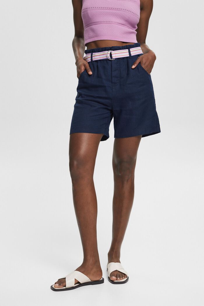 Pantalones cortos de lino con cinturón, NAVY, detail image number 1