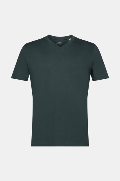 Camiseta entallada de algodón con cuello en pico, TEAL BLUE, overview