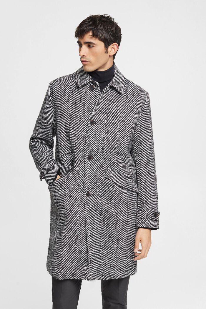 Abrigo con diseño de espiga en mezcla de lana, BLACK, detail image number 0