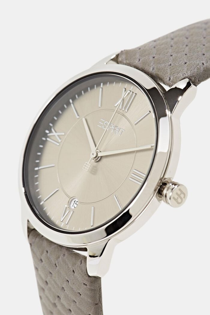 Reloj de acero inoxidable con correa de cuero texturizado, GREY, detail image number 1