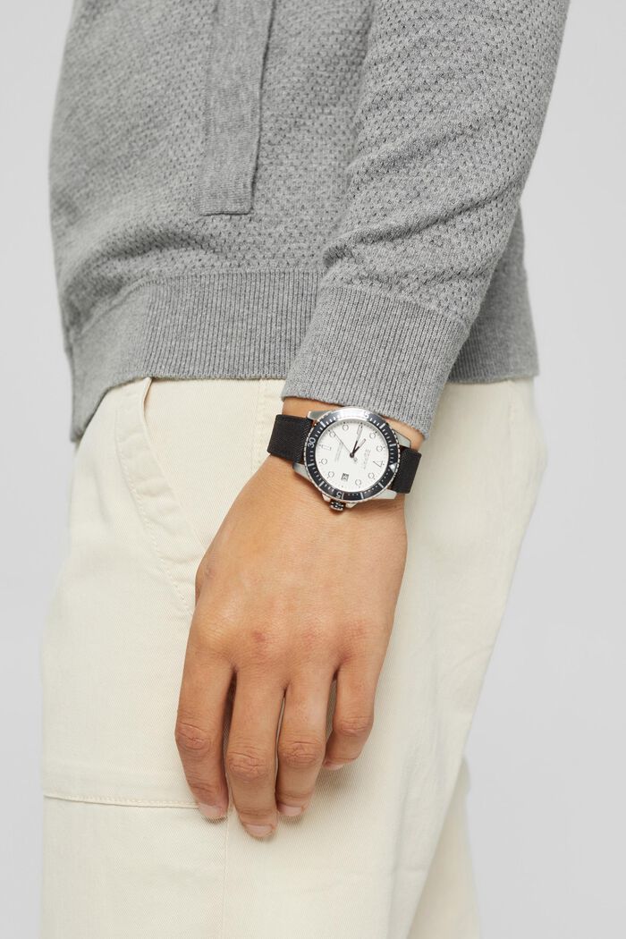 Reloj de acero inoxidable con pulsera textil, BLACK, detail image number 2