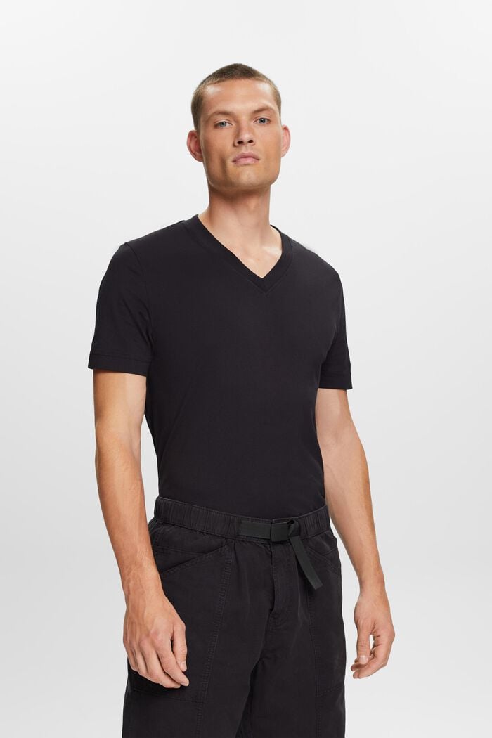 Camisa de tejido jersey con cuello en pico, 100 % algodón, BLACK, detail image number 0