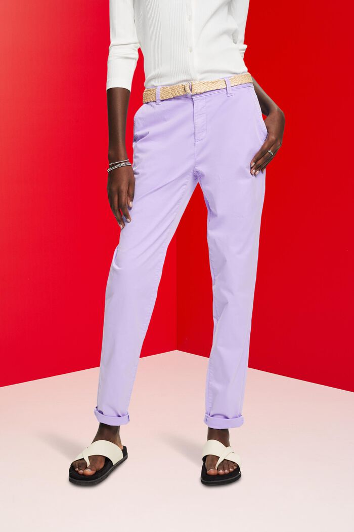 Pantalones chinos elásticos ligeros con cinturón, PURPLE, detail image number 0