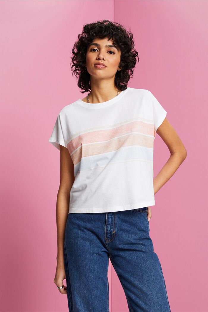 Camiseta de algodón con diseño corto a rayas, WHITE, detail image number 0