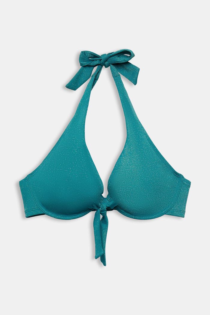 Top de bikini brillante con cuello halter para copas grandes, TEAL BLUE, detail image number 0