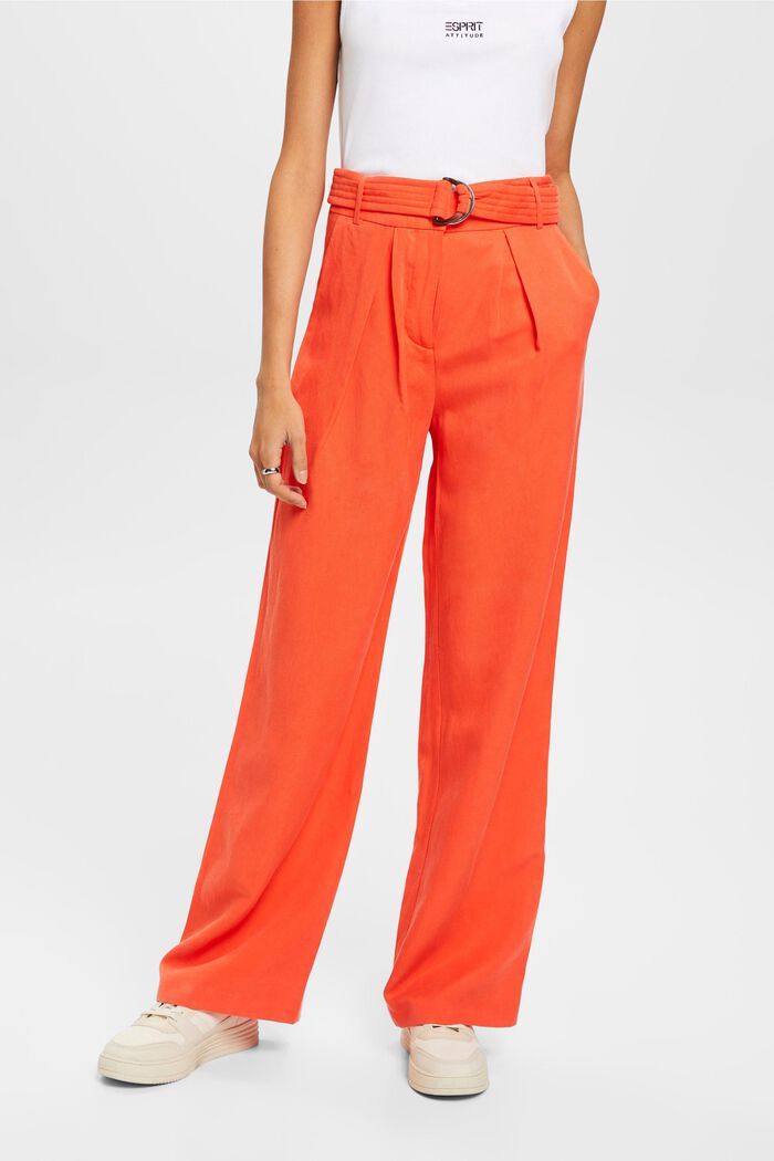 Pantalones anchos de talle alto en mezcla de lino con cinturón, ORANGE RED, detail image number 0