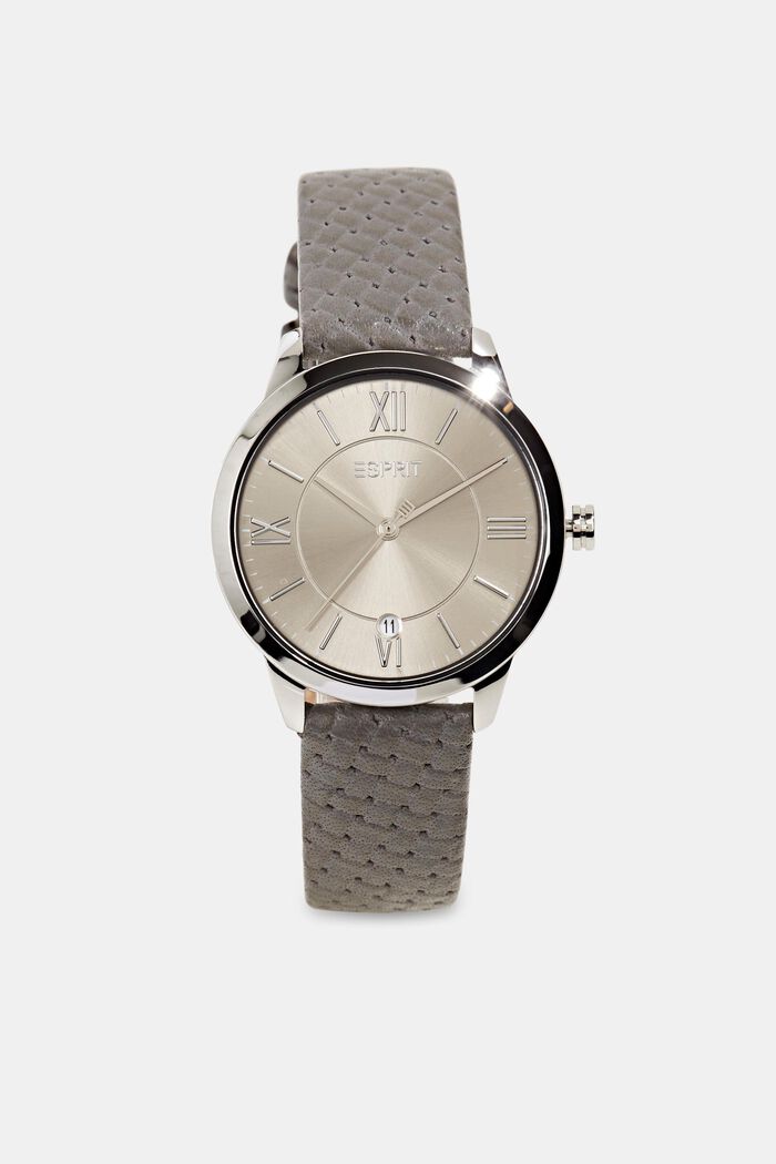 Reloj de acero inoxidable con correa de cuero texturizado, GREY, detail image number 0