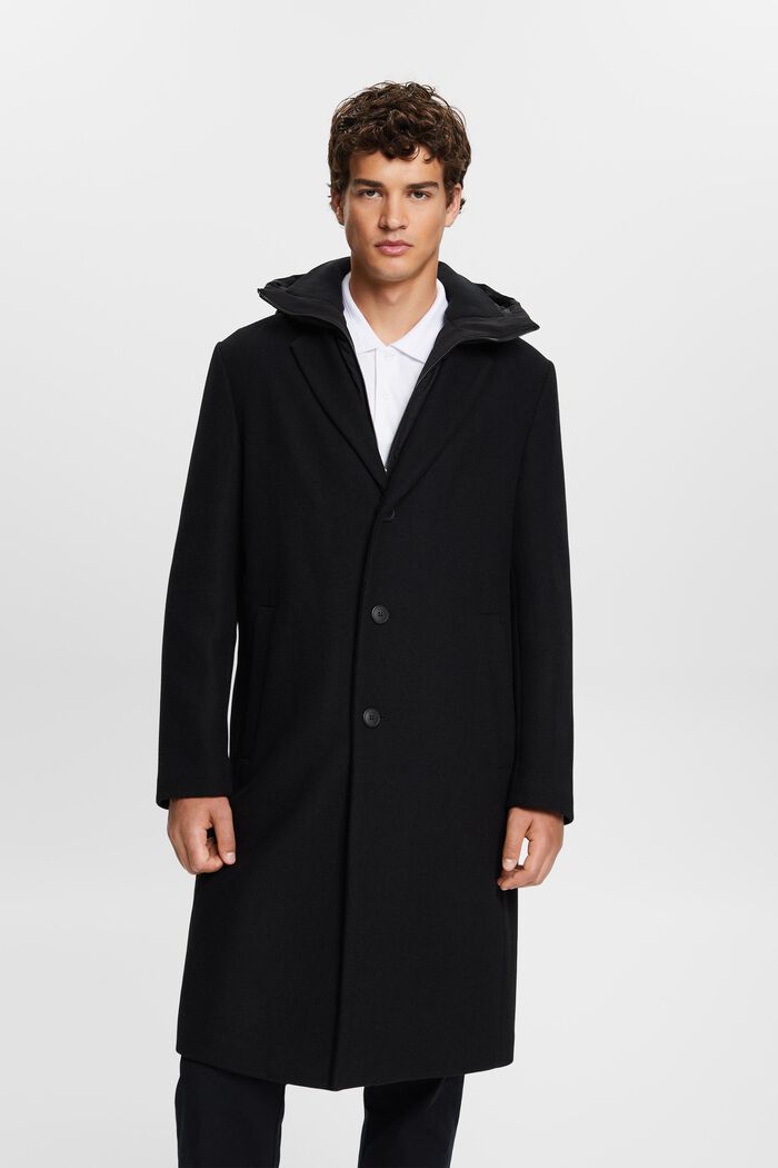 Abrigo con capucha separable en mezcla de lana, BLACK, detail image number 0