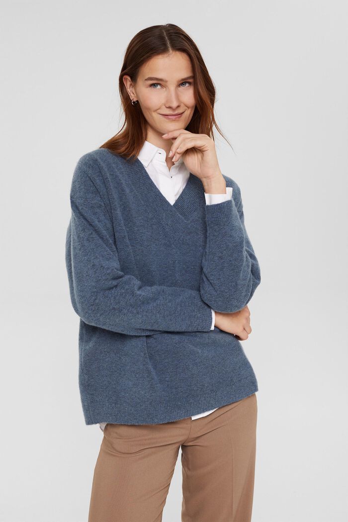 Con lana de borrego: jersey de cuello en pico, PETROL BLUE, detail image number 0