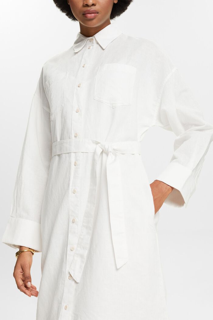 Vestido camisero de lino y algodón con cinturón, OFF WHITE, detail image number 3