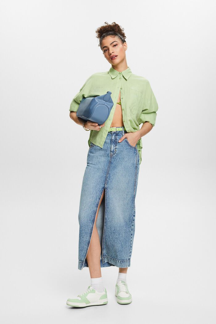 Blusa camisera de algodón y lino, LIGHT GREEN, detail image number 1