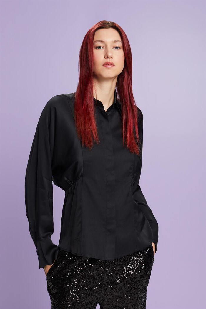 Blusa drapeada de satén con peplum, BLACK, detail image number 2