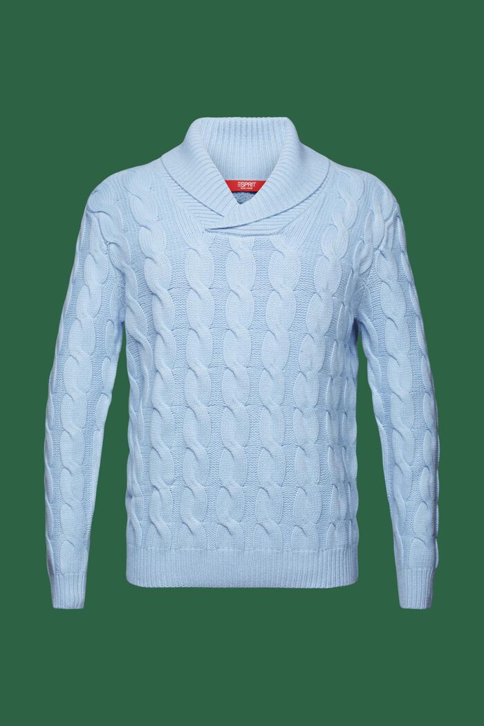 Jersey de punto trenzado de lana con cuello chal, LIGHT BLUE LAVENDER, detail image number 7