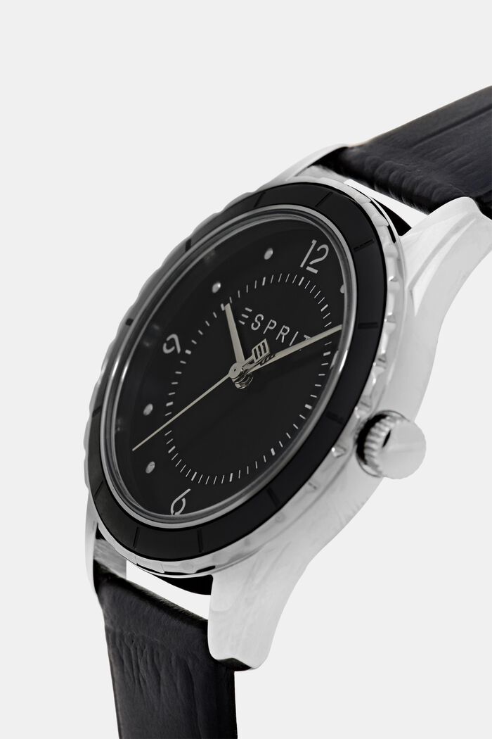 Reloj de acero inoxidable con pulsera de cuero, BLACK, detail image number 1