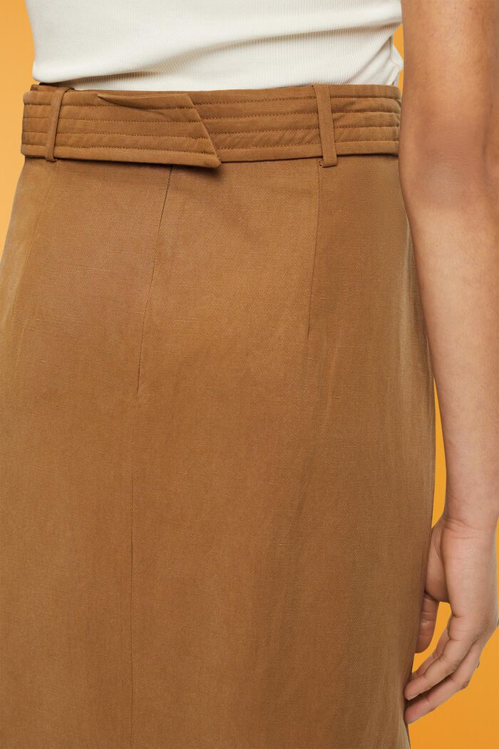 Falda midi en mezcla de lino con cinturón, PALE KHAKI, detail image number 4