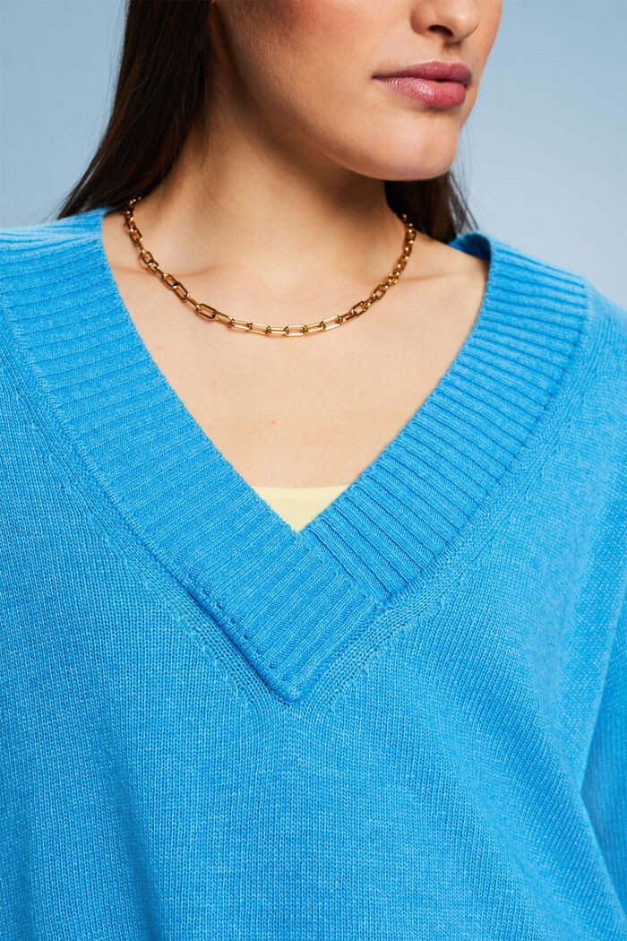 Jersey con cuello en pico en mezcla de lana y cachemira, BLUE, detail image number 3