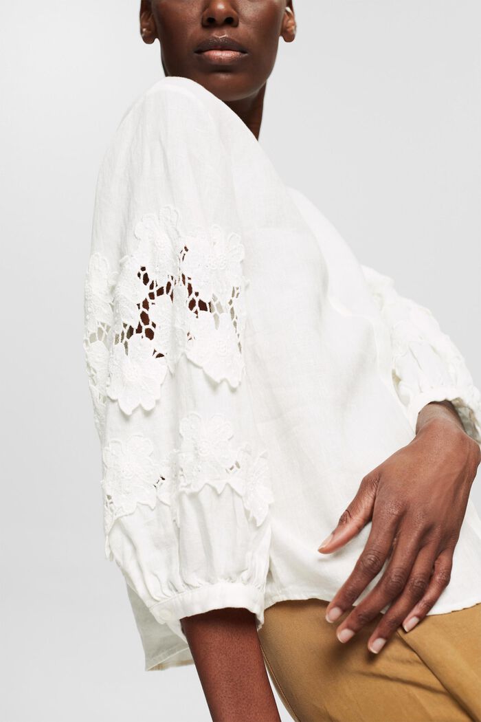 Blusa de lino con bordado de flores, OFF WHITE, detail image number 2