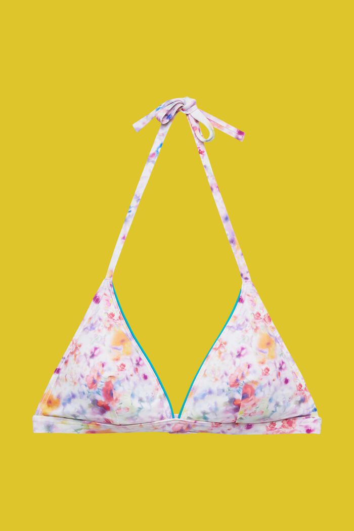 Top de bikini acolchado con cuello halter y estampado floral, TEAL BLUE, detail image number 4
