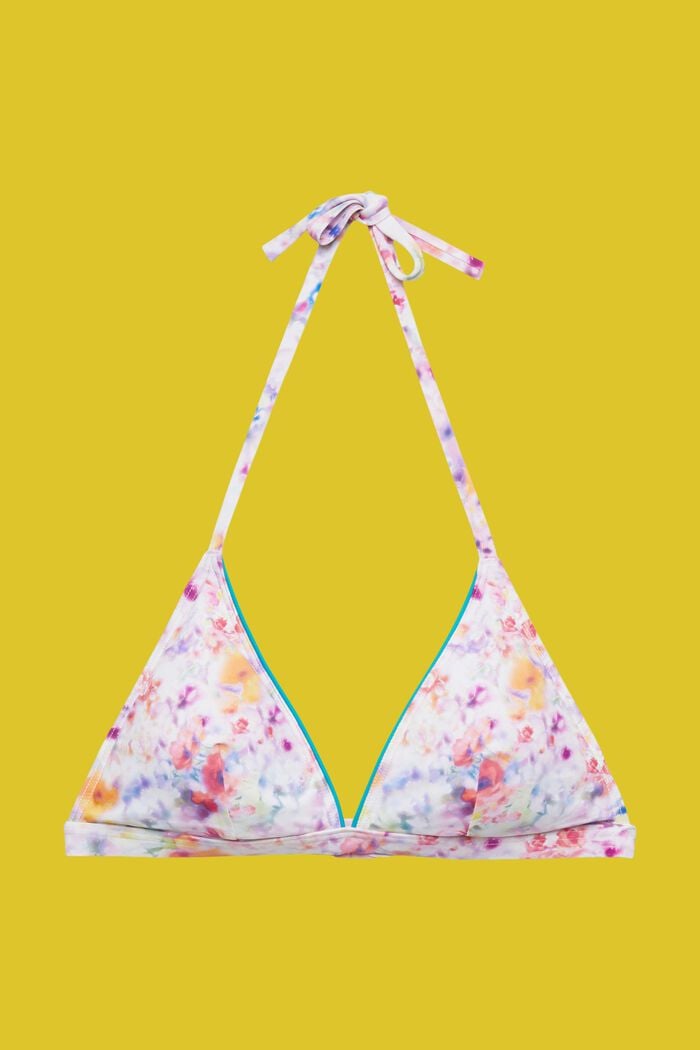 Top de bikini acolchado con cuello halter y estampado floral, TEAL BLUE, detail image number 4