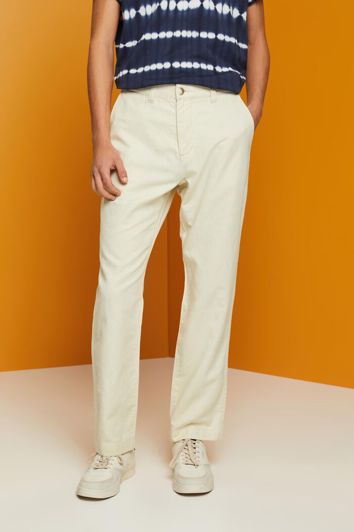 Pantalones en mezcla de algodón y lino, CREAM BEIGE, detail image number 0