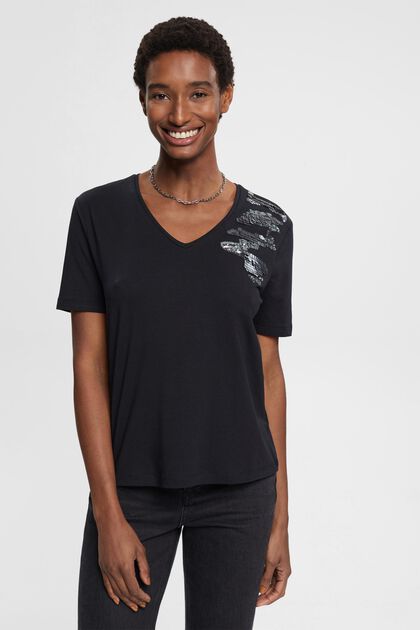 Camiseta con cuello en pico y lentejuelas, BLACK, overview