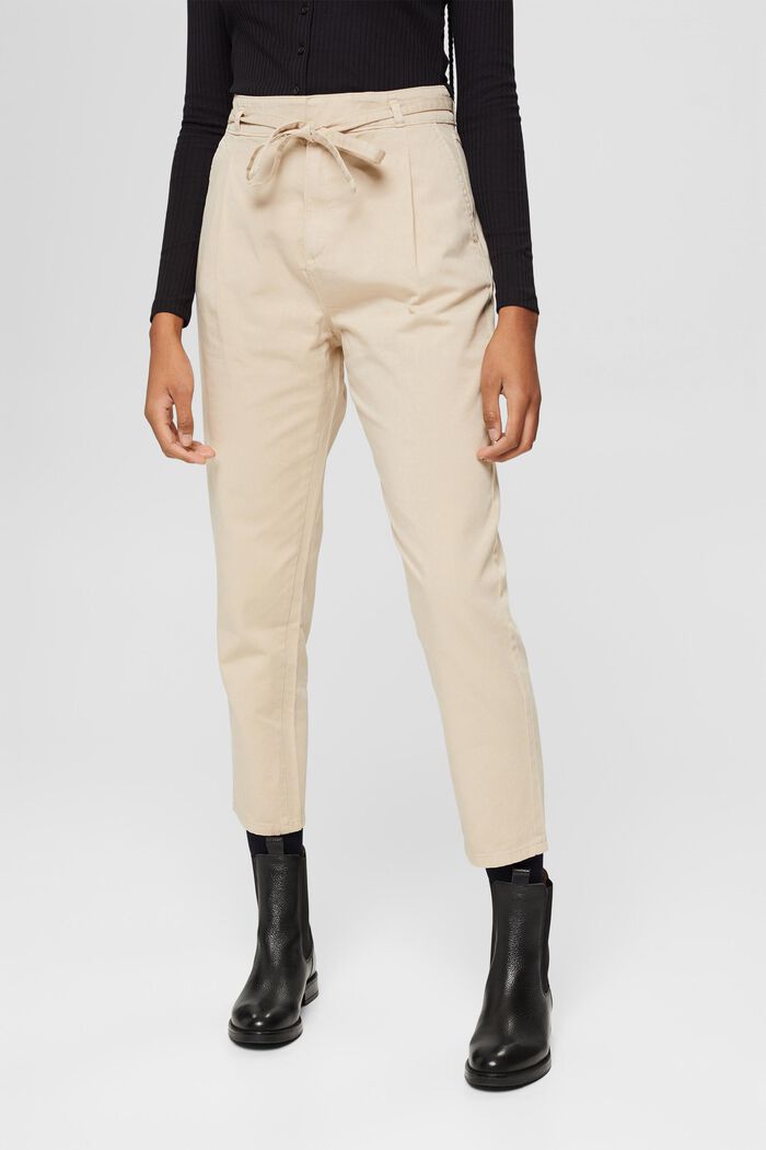 Pantalón con pliegues en la cintura con cinturón, algodón Pima, BEIGE, detail image number 0