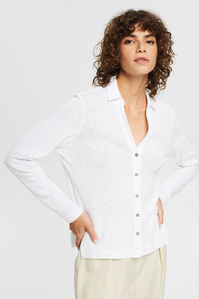 En mezcla de lino: camiseta de manga larga con tira de botones, WHITE, overview