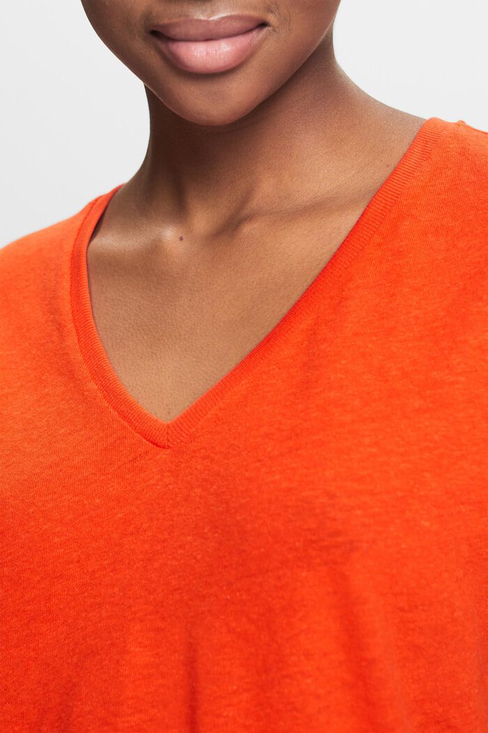 Camiseta de algodón y lino con el cuello pico, BRIGHT ORANGE, detail image number 3