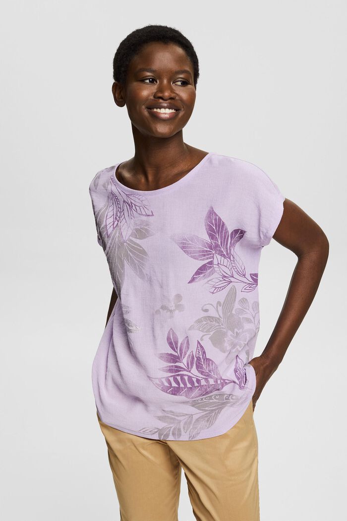 Con lino: camiseta estampada, realizada en mezcla de tejidos, LAVENDER, overview