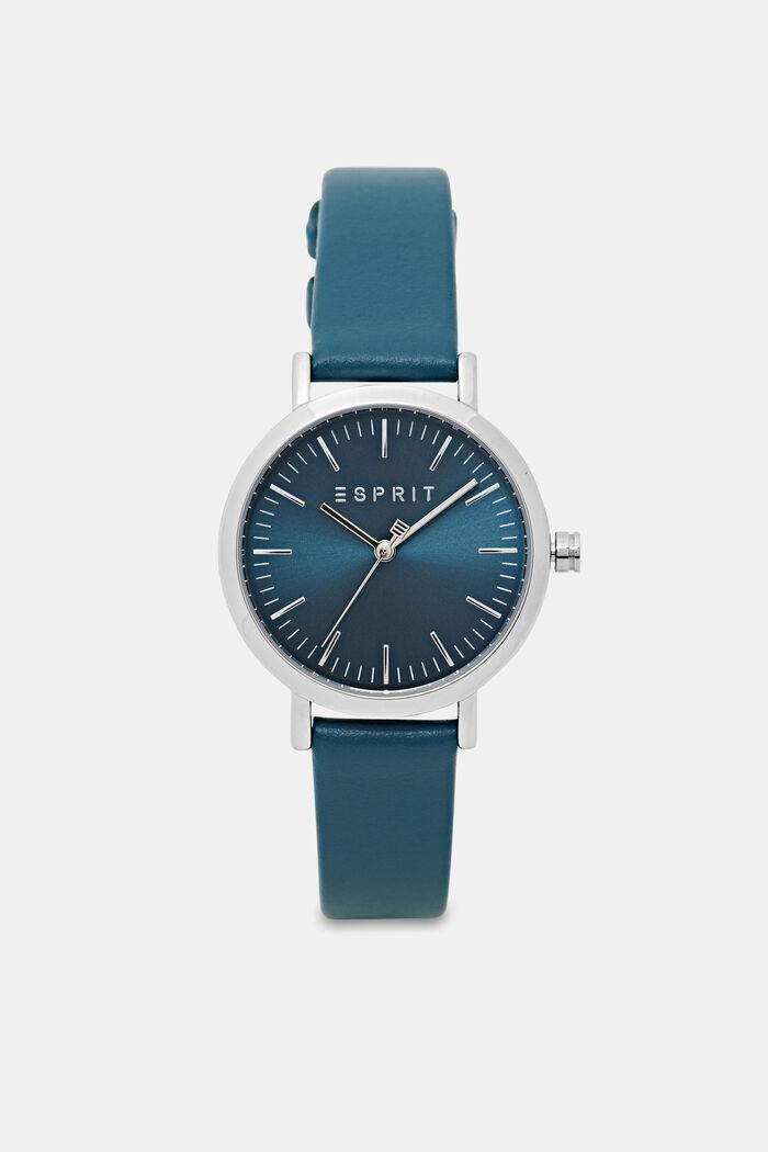 Reloj de acero inoxidable con pulsera de cuero, BLUE, overview