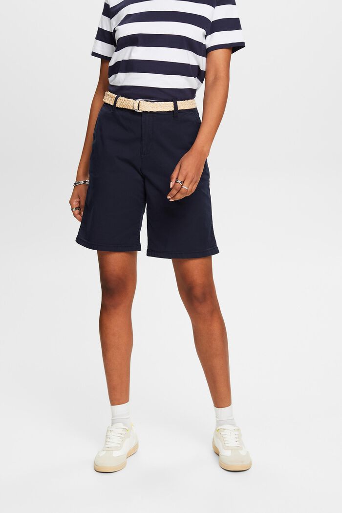 Pantalones cortos con cinturón trenzado de rafia extraíble, NAVY, detail image number 0