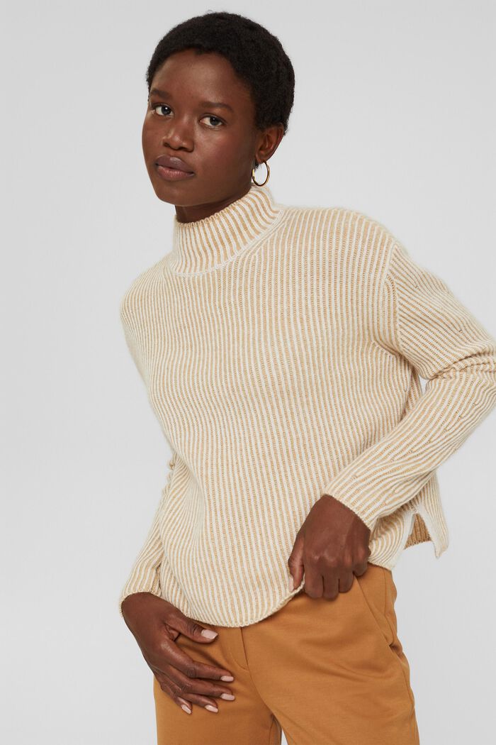 En mezcla de lana: jersey de canalé con efecto bicolor, KHAKI BEIGE, detail image number 0
