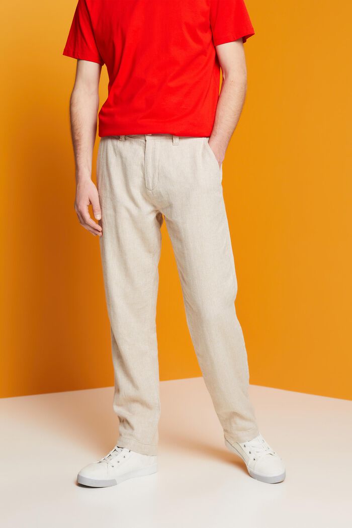 Pantalones en mezcla de algodón y lino con diseño de espiga, LIGHT BEIGE, detail image number 0