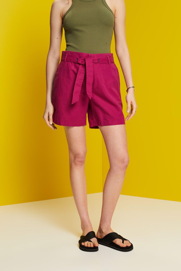 Pantalones cortos con lazada, mezcla de algodón y lino, DARK PINK, detail image number 0