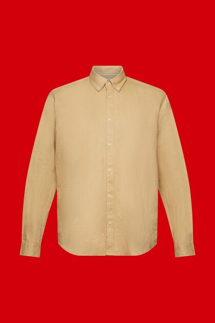 Camisa abotonada en mezcla de algodón y lino, BEIGE, overview