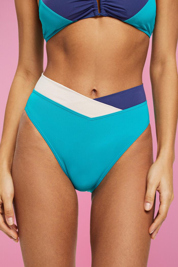 Braguita de bikini de tiro medio con diseño de bloques de color, TEAL GREEN, detail image number 1