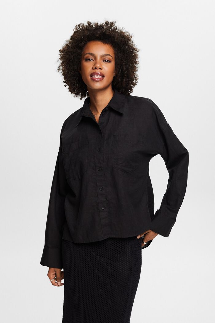 Blusa camisera de algodón y lino, BLACK, detail image number 0