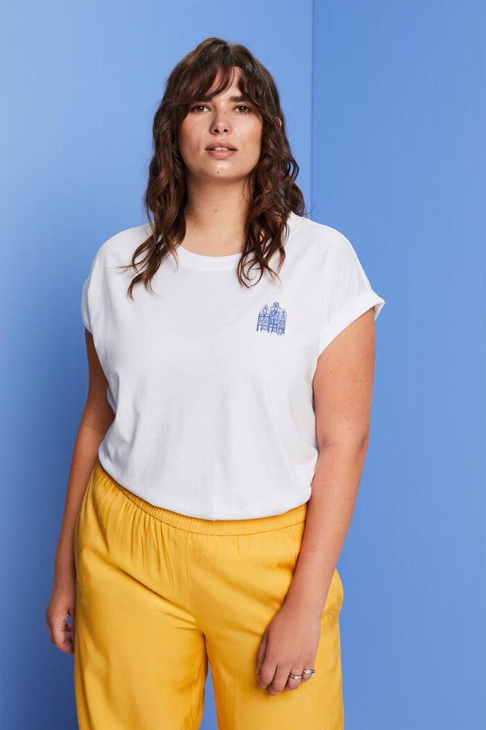 CURVY Camiseta de estampado pequeño, 100% algodón, WHITE, detail image number 0