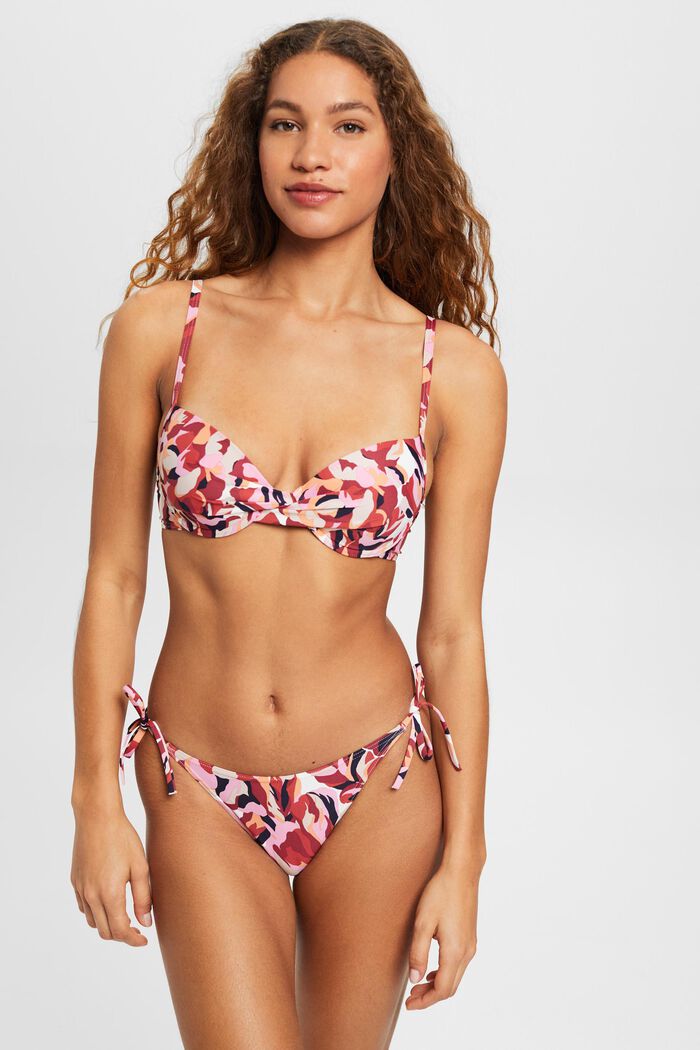 Top de bikini con estampado floral, con aros y relleno, DARK RED, detail image number 1