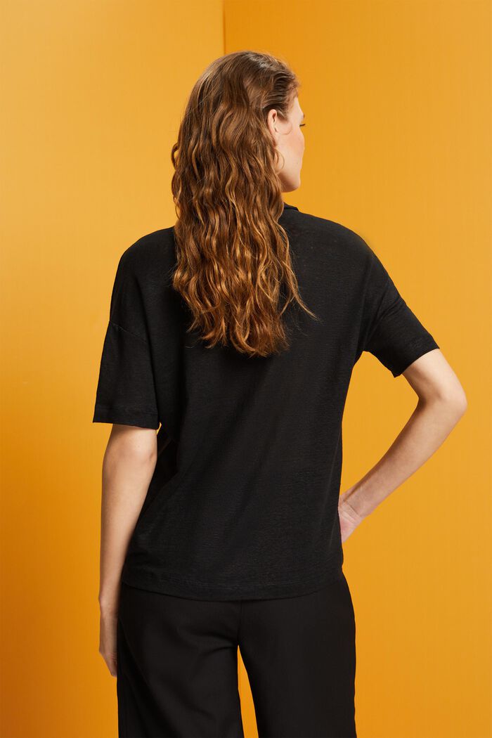 Camiseta con cuello estilo polo, en 100% lino, BLACK, detail image number 3