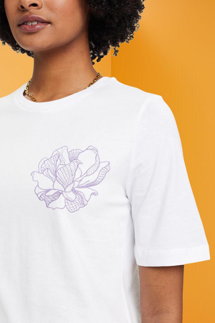 Camiseta de algodón con bordado de flor, OFF WHITE, detail image number 2