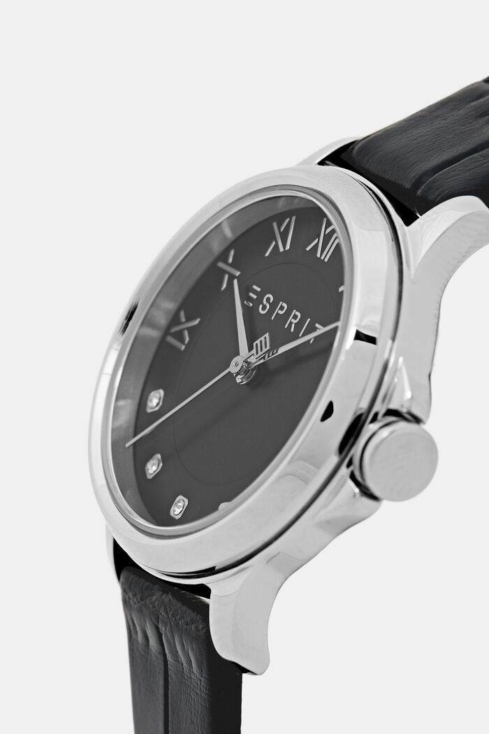 Reloj de acero inoxidable con pulsera de piel, BLACK, detail image number 1