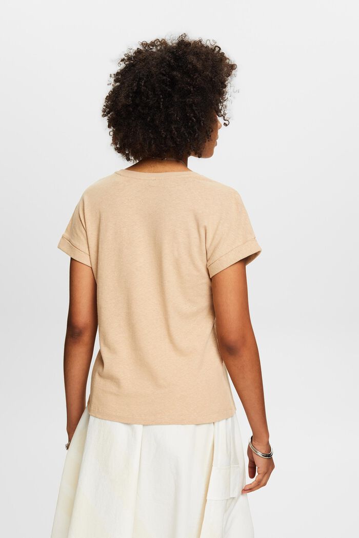 Camiseta de algodón y lino con el cuello pico, BEIGE, detail image number 3