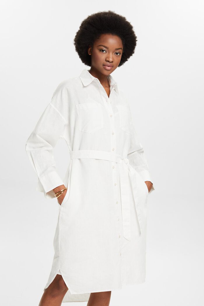 Vestido camisero de lino y algodón con cinturón, OFF WHITE, detail image number 0