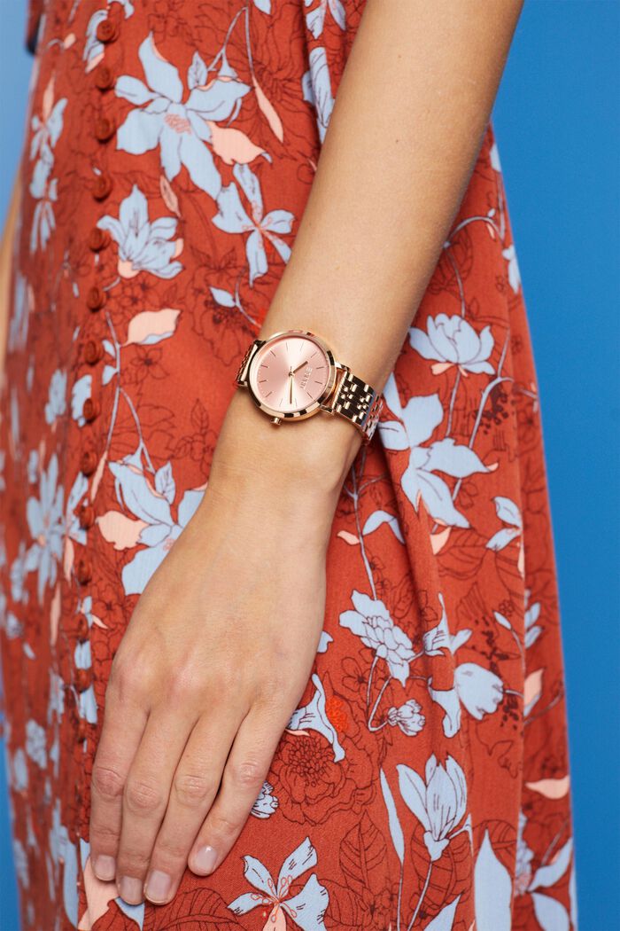 Reloj de acero inoxidable con pulsera de piel, ROSEGOLD, detail image number 2