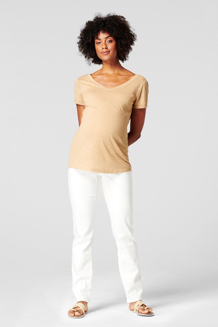 Con lino: camiseta con el cuello en pico por delante y por detrás, SAND, detail image number 0