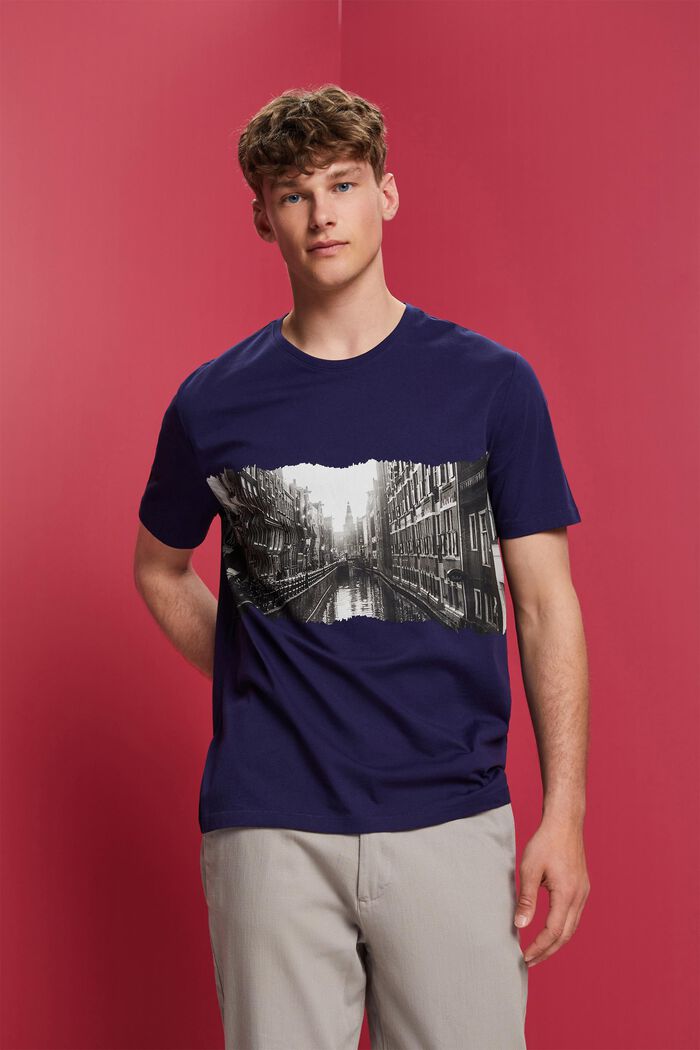 Camiseta de cuello redondo con estampado, 100% algodón, DARK BLUE, detail image number 0
